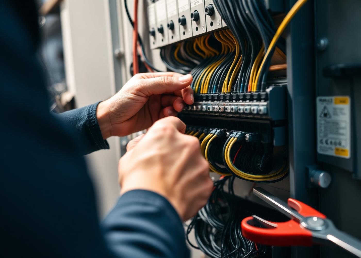 Elektricien bekabelt een verdeelbord met vakmanschap
