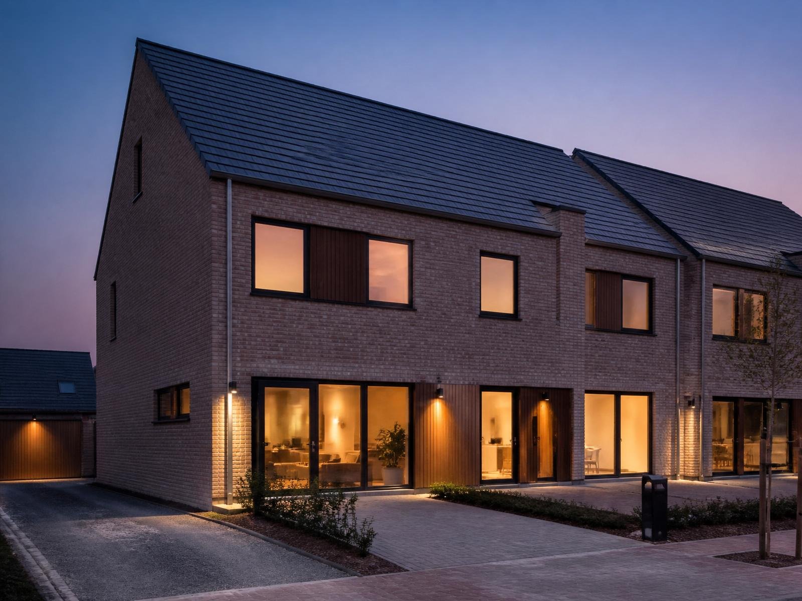 Residentieel bouwproject met warme avondverlichting