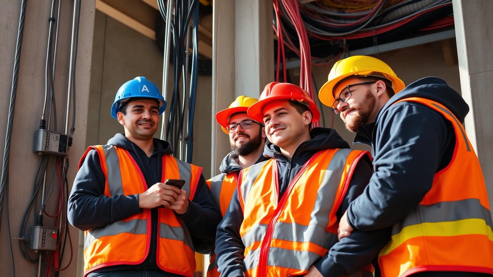 Team van elektriciens op een nieuwbouwwerf