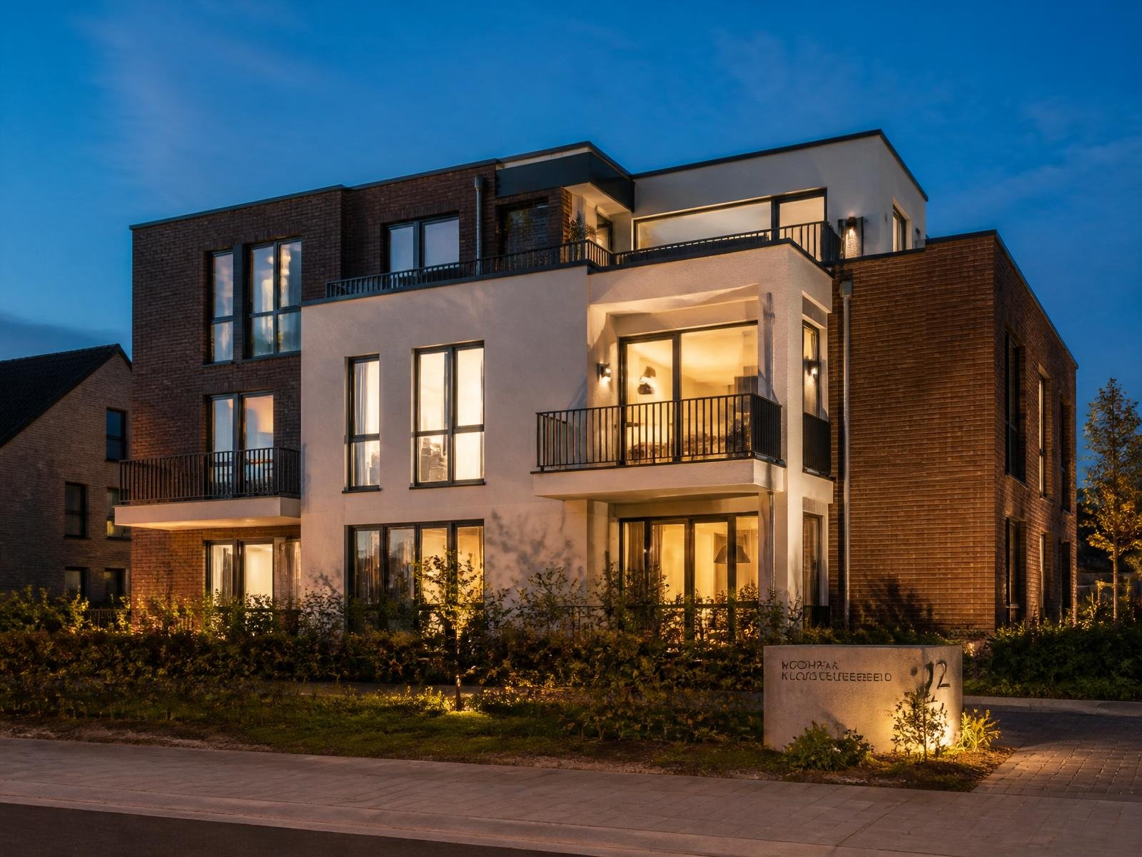 Nieuwbouw appartementsblok met groen bij het blauwe uur